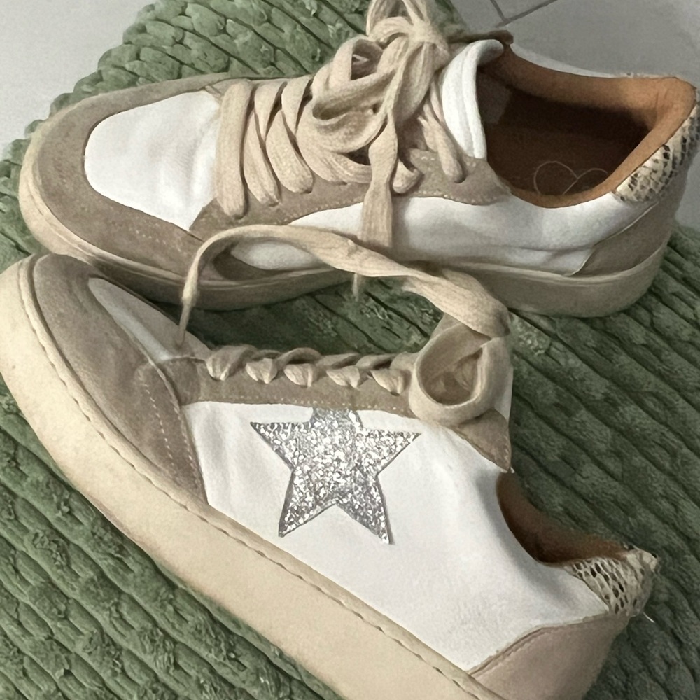 Women's White and Tan Sneakers with Silver Star